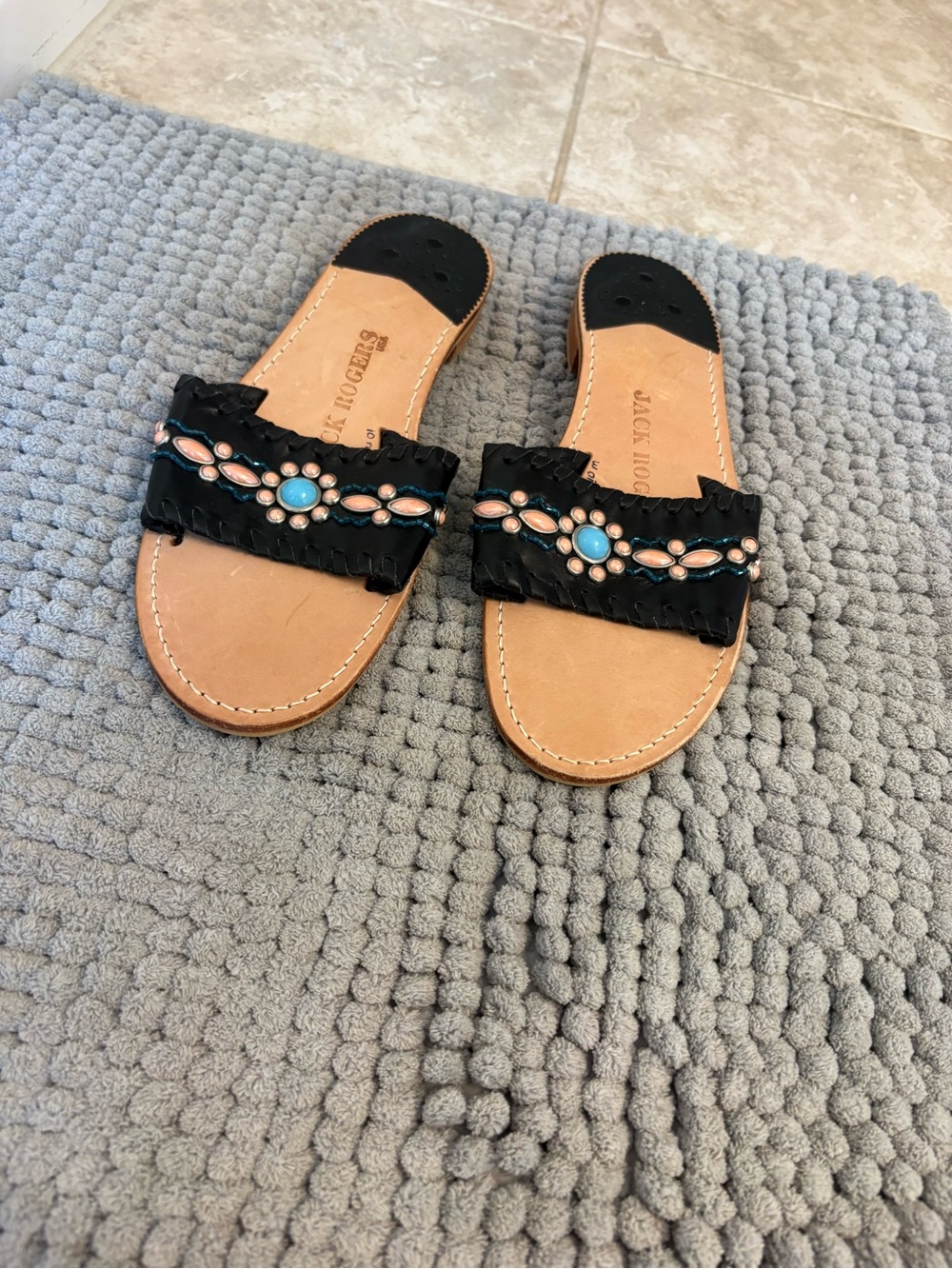 Jack Rogers Women's 10M Black Leather Slide Sandals‎ Turquoise Peach Beaded